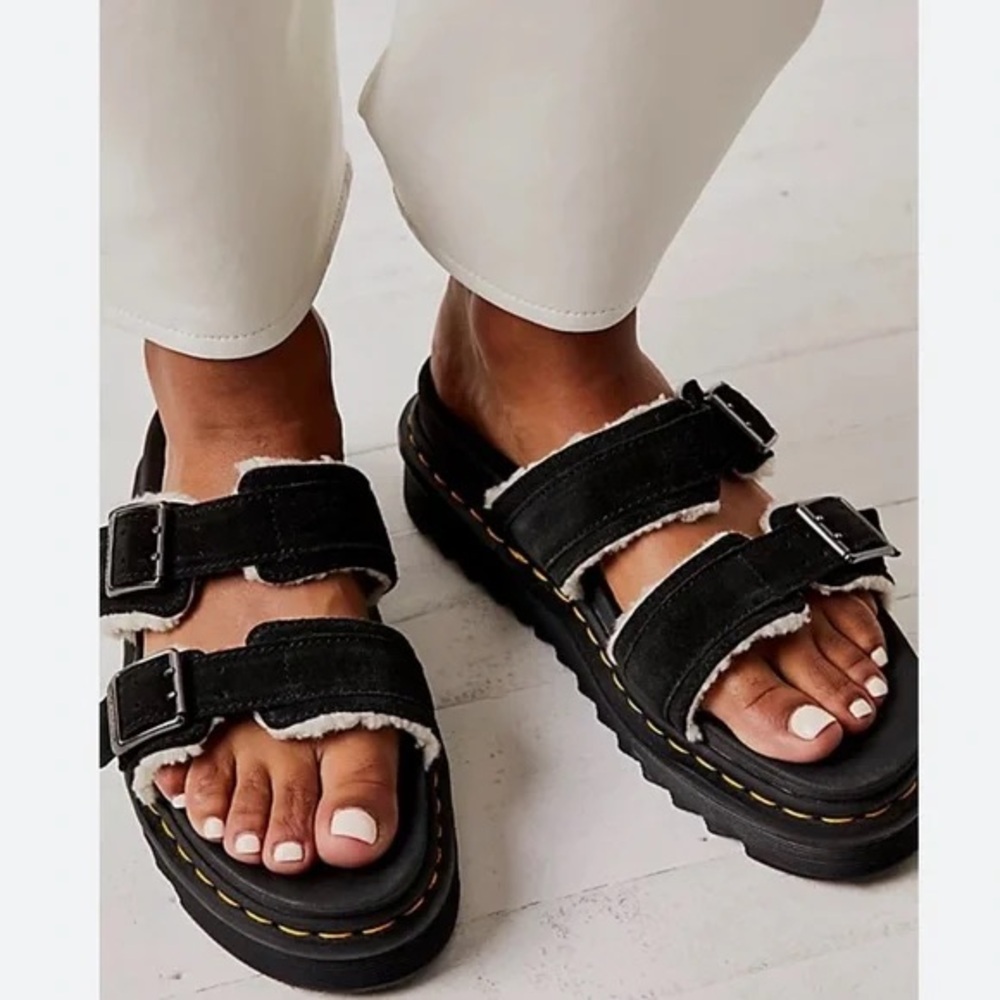 Dr. Martens MYLES SUEDE FUR-LINED BUCKLE SLIDE SANDALS